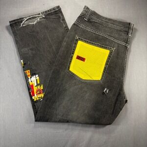 ENYCE Men's 42X32 Embroidered Jeans Black Wash Oversized Fit Distressed Grunge